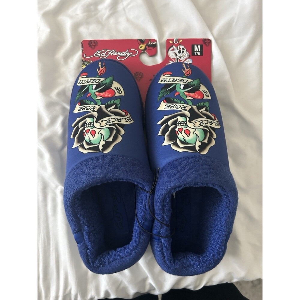 Ed Hardy Women’s Slippers Blue Faux Fur - Black Rose - NWT - Size M 7/8